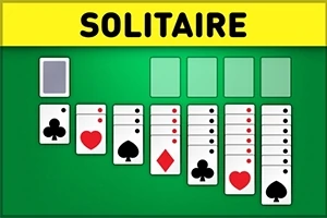 Zöld háttér előtt kártyalapok különböző színekben és mintákkal, SOLITAIRE felirattal a tetején