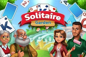Rajzfilm stílusú karakterek állnak a híd előtt, kártyalapokkal körülvéve, és egy Solitaire Garden felirat látható