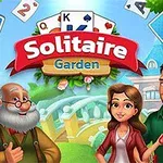 Rajzfilm stílusú karakterek állnak a híd előtt, kártyalapokkal körülvéve, és egy Solitaire Garden felirat látható