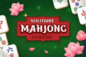 Zöld háttér, fehér mahjong csempék és rózsaszín lótuszvirágok, középen piros táblára írva: Solitaire Mahjong Classic