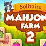 Rajzfilmstílusú kép a Mahjong Farm 2 felirattal, állatokkal, gyümölcsökkel és farm témájú ikonokkal