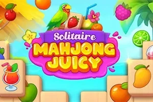 Színes gyümölcsök és koktélok grafikái papagájjal és Mahjong-építőelemek mögött világoskék háttérrel