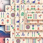 Egy színes jelenet cseresznyevirágokkal, egy pagodával és mahjong csempékkel, melyek előtt egy fehér macska integet