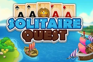 Négyszeres ász kártyák és egy korona, a Solitaire Quest felirat egy tengerparti táj felett, ahol hajók láthatók