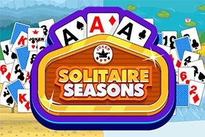 Kártyák, köztük ászok és jokerek, színes háttereken, középen Solitaire Seasons felirattal