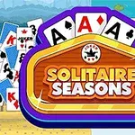 Kártyák, köztük ászok és jokerek, színes háttereken, középen Solitaire Seasons felirattal