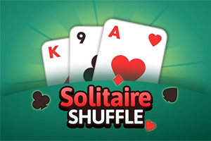 Három játékkártya egy zöld háttér előtt, melyek között egy piros szív ász, egy fekete treff kilences és egy piros kőr király látható, alul a Solitaire Shuffle felirattal