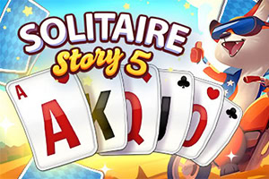 Kártyalapok (ász, király, dáma, bubi, tízes) egy vidám kutya karakter társaságában, Solitaire Story 5 felirattal