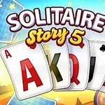 Kártyalapok (ász, király, dáma, bubi, tízes) egy vidám kutya karakter társaságában, Solitaire Story 5 felirattal