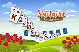 Kártyalapok sorban egy zöld dombon, piros rózsák és kék ég alatt, Solitaire TriPeaks Garden felirattal