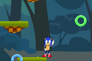 Sonic Jumper Egy kék sünfigura áll egy platformos erdős háttér előtt, zöld és kék gyűrűkkel körülvéve