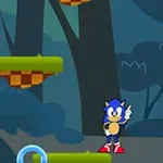 Sonic Jumper Egy kék sünfigura áll egy platformos erdős háttér előtt, zöld és kék gyűrűkkel körülvéve