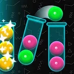 Három kémcső színes golyókkal, ahol zöld golyó kerül átöntésre az egyik kémcsőből a másikba, a háttérben geometrikus minták