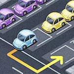 Színes rajzolt autók egy parkolóban, egy kék autó sárga nyíllal az útra kanyarodik