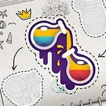 Színes napszemüveg matricával díszített füzetoldal, körülvéve rajzokkal és ikonokkal, mint például korona, fagylalt, és ital