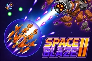 Narancssárga űrhajó és kék fénygömb lövöldöz egy robotszerű fejre az űrben, körülötte aszteroidák lebegnek, mellette a Space Blaze II felirat
