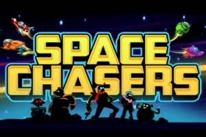Színes, rajzfilmszerű karakterek és űrhajók csoportja, hátul egy nagy Space Chasers felirat