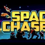 Színes, rajzfilmszerű karakterek és űrhajók csoportja, hátul egy nagy Space Chasers felirat