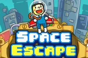 Egy rajzfilmszerű űrhajós áll egy űrhajó tetején, háttérben futurisztikus épületek között, alul nagy, kék és sárga betűkkel a „Space Escape” felirat látható