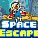 Egy rajzfilmszerű űrhajós áll egy űrhajó tetején, háttérben futurisztikus épületek között, alul nagy, kék és sárga betűkkel a „Space Escape” felirat látható
