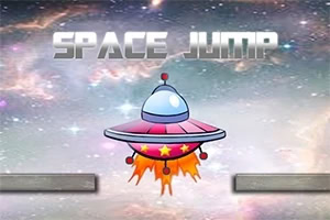 Űrhajó ugrás közben a csillagos űr háttér előtt, a Space Jump felirat fölött