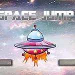 Űrhajó ugrás közben a csillagos űr háttér előtt, a Space Jump felirat fölött