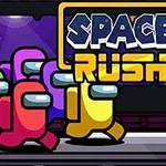 Színes karakterek futnak oldalra sötét űrhajó háttér előtt, Space Rush felirattal felül