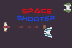 Űrhajók repülnek az űrben, lézernyalábokat lőnek egymás felé, középen a SPACE SHOOTER felirat látható piros és kék betűkkel