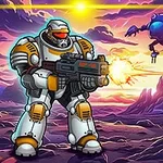 Egy páncélzott figura futurisztikus fegyverrel egy idegen bolygó táján, háttérben lebegő robotokkal és lenyugvó nappal