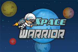 Űrhajós rakétával repül egy kék bolygó előtt, háttérben több színes bolygóval, a képen a Space Warrior felirat látható
