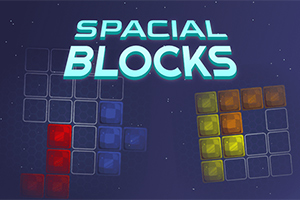 Az űr témájú kép kék háttérrel rendelkezik, és színes blokkok, például piros, kék és sárga építmények láthatók rajta, SPACIAL BLOCKS felirattal