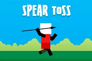 Egy minimalista, pixeles figura piros ruhában, amint egy lándzsát tart, kék háttér és zöld bokrok előtt