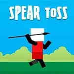 Egy minimalista, pixeles figura piros ruhában, amint egy lándzsát tart, kék háttér és zöld bokrok előtt