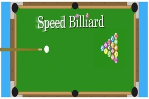 Zöld biliárdasztal, rajta háromszögben elrendezett színes golyók és egy fehér golyó előtt egy dákó, a bal felső sarokban Speed Billiard szöveg