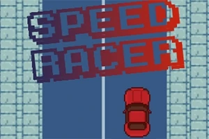Piros autó egy kétsávos úton, Speed Racer felirattal a háttérben