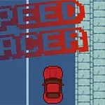 Piros autó egy kétsávos úton, Speed Racer felirattal a háttérben