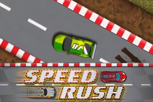 Zöld versenyautó egy kanyargós pályán piros-fehér szegéllyel, alatta Speed Rush felirattal