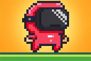 Pixelgrafikás, piros ruhás figura egy narancssárga háttér előtt