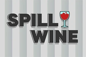 A szürke csíkos háttér előtt a SPILL WINE felirat látható, ahol az I helyén egy borospohár van jelképezve