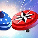 Két színes korong, az egyik amerikai zászló mintával, a másik piros csillaggal díszítve, kék háttér előtt