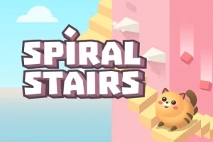 Aranyos, rajzfilmszerű macska mosolyogva ül egy spirális lépcsőn, háttérben kék ég felhőkkel és rózsaszín fal, nagy Spiral Stairs felirattal