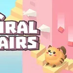 Aranyos, rajzfilmszerű macska mosolyogva ül egy spirális lépcsőn, háttérben kék ég felhőkkel és rózsaszín fal, nagy Spiral Stairs felirattal