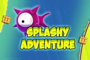 Lila, tüskés gömb alakú lény úszik egy kék háttér előtt, alatta sárga betűkkel Splashy Adventure felirattal, két oldalt ládákkal