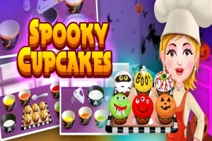 Rajzfilmfigura séf halloween témájú muffinokat tart, háttérben konyhai eszközök és színes edények