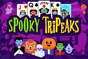 Színes, rajzfilm-szerű karaktereket ábrázoló kép, köztük vámpírt, múmiát, töklámpást és szellemet; kártyalapok és a Spooky TriPeaks felirat középen, lilás háttérrel
