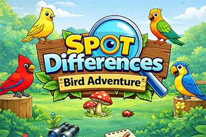 Színes rajzolt madarak erdei háttér előtt, nagyítóval és „Spot Differences Bird Adventure felirattal