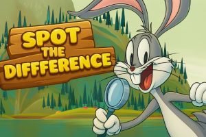 Rajzfilmfigura nagyítóval egy hegyvidéki táj előtt, „Spot the Difference” és „Play” gombokkal