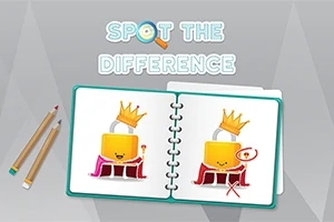 Nyitott füzet két oldalon lakattal és koronával, színes ceruzák kíséretében, Spot the Difference felirattal