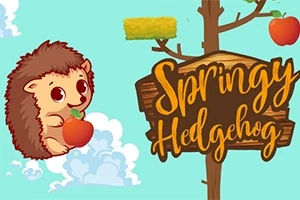 Rajzfilm-stílusú sün, aki felhőn ül és almát tart a kezében, mellette faágon lóg a Springy Hedgehog felirat