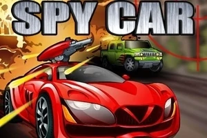 Egy piros autó fegyverrel az elején, amely mögött egy zöld terepjáró látható, robbanás háttérrel, a SPY CAR felirattal